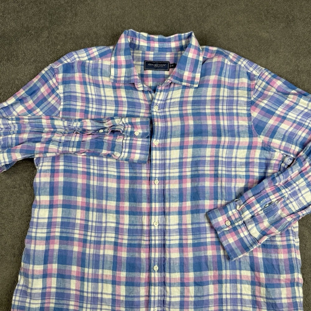 Vineyard Vines Shirt Mens XL‎ Plaid Blue Pink Long Sleeve Preppy Linen